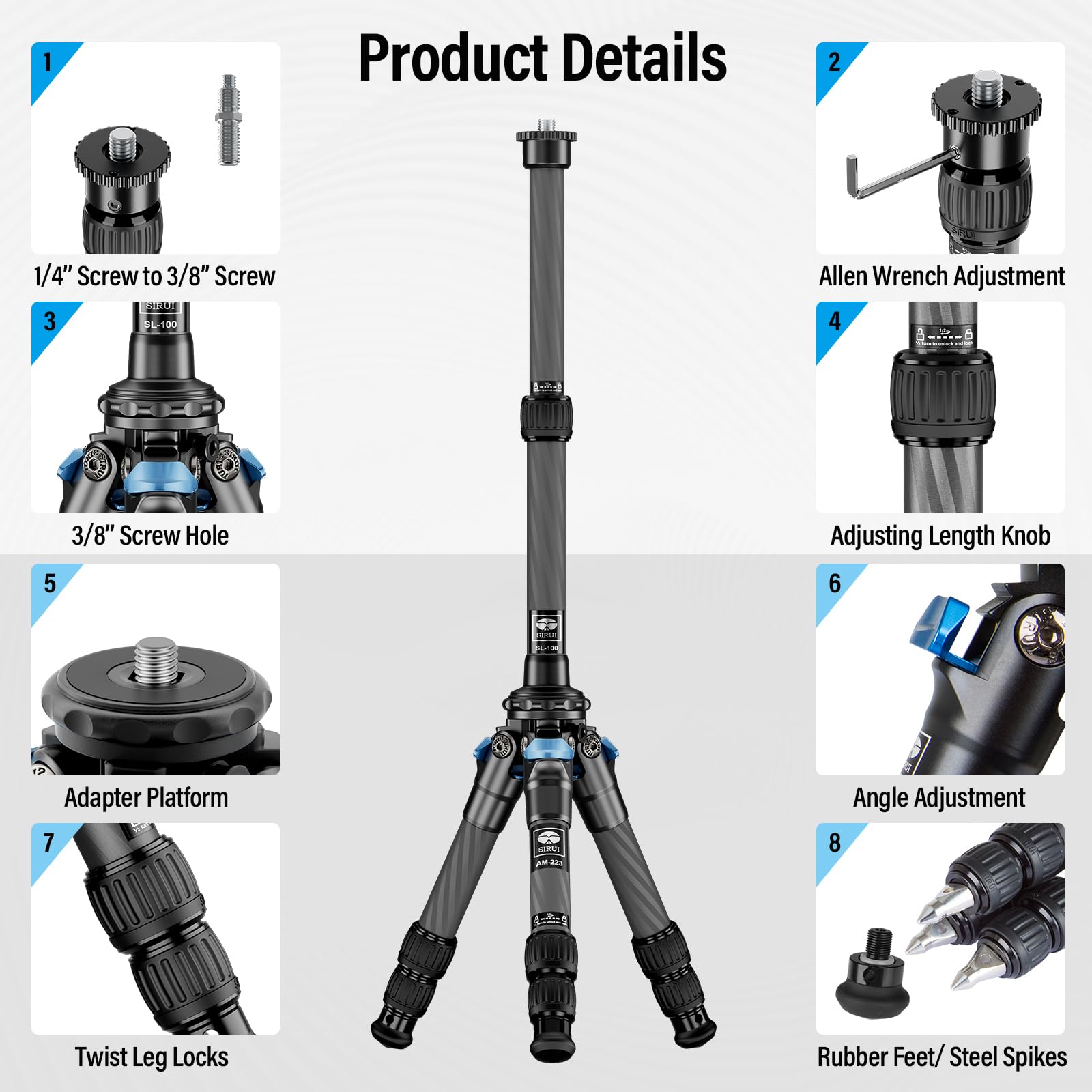 Sirui Lightweight Carbon Fiber Mini Travel Tripod With Two Section Center Column, Max Height 26', Supports 33Lbs (Am 223+Sl 100)